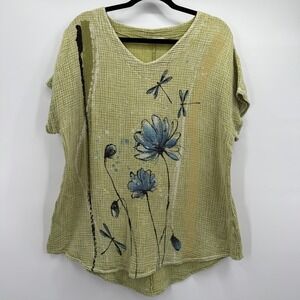 Jess & Jane Top Womens Medium Green Floral Dragonfly Cotton Art Tunic Gauze